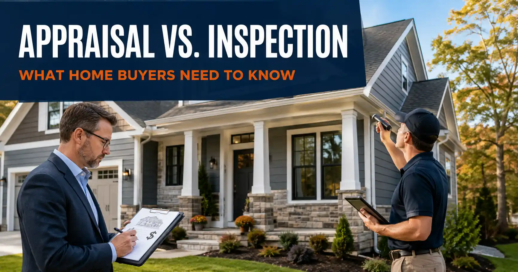 Home appraiser and home inspector evaluating a suburban house