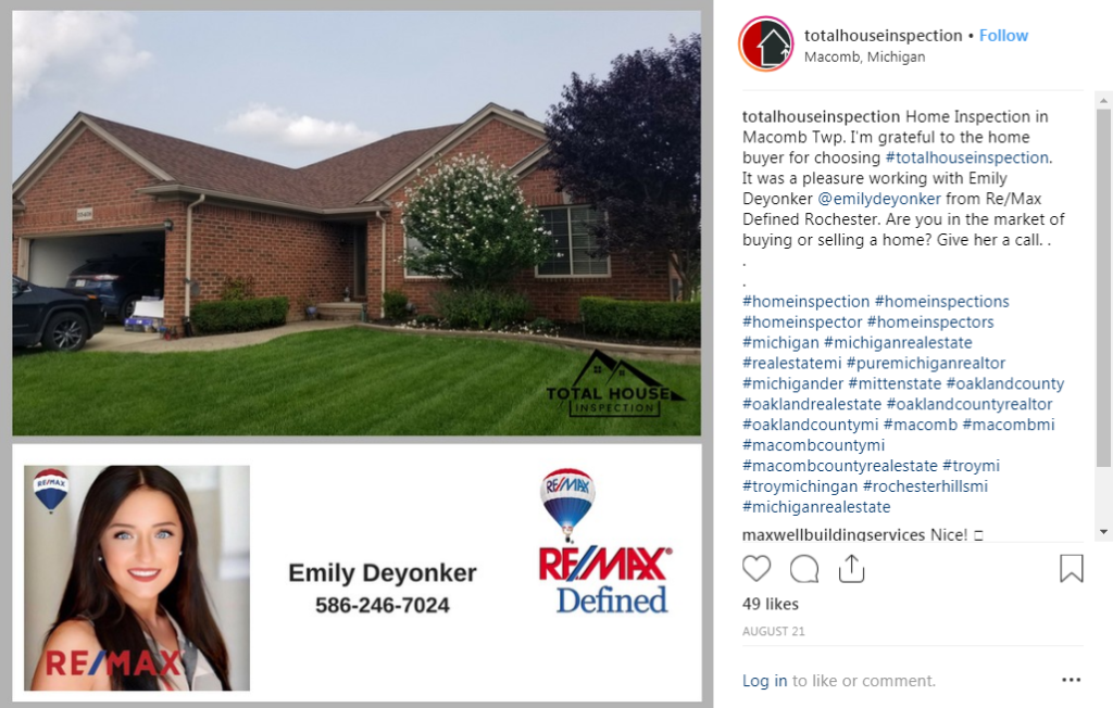 Home inspection image featuring a residential property in Macomb, Michigan, with a Total House Inspections sign and RE/MAX branding, highlighting the collaboration between real estate agents and home inspection services.