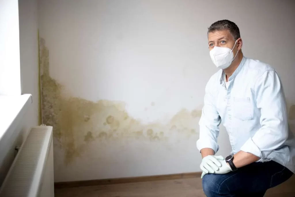 Man wearing a mask and gloves kneeling near a wall with visible mold growth, emphasizing the importance of early mold detection in home maintenance.