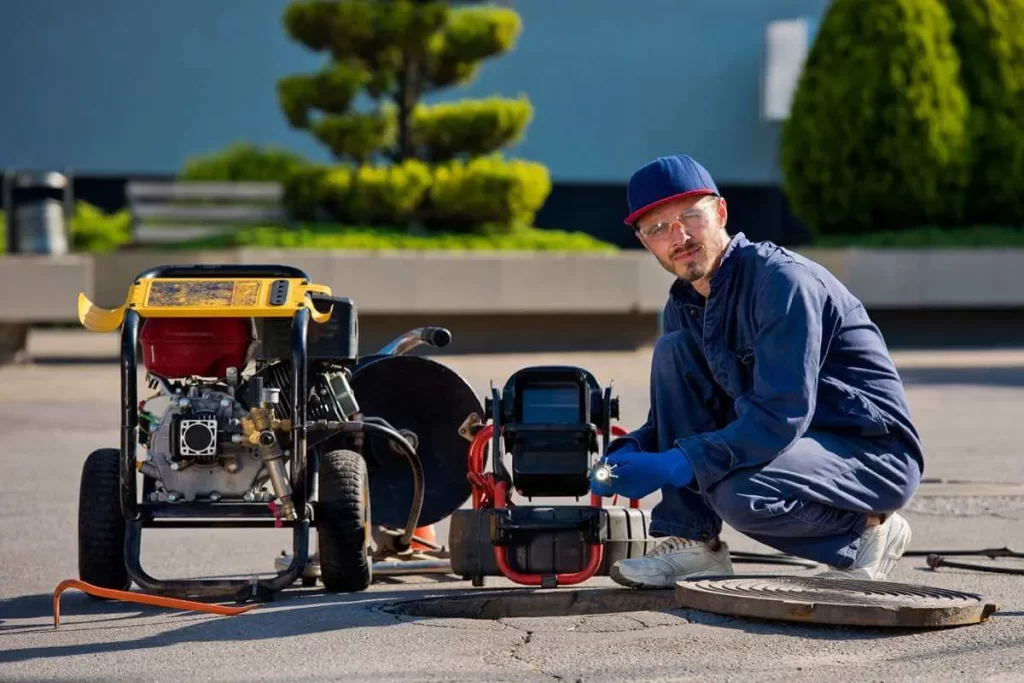Technician using a sewer line camera inspection system next to a manhole, highlighting the importance of early detection for sewer problems in home maintenance.