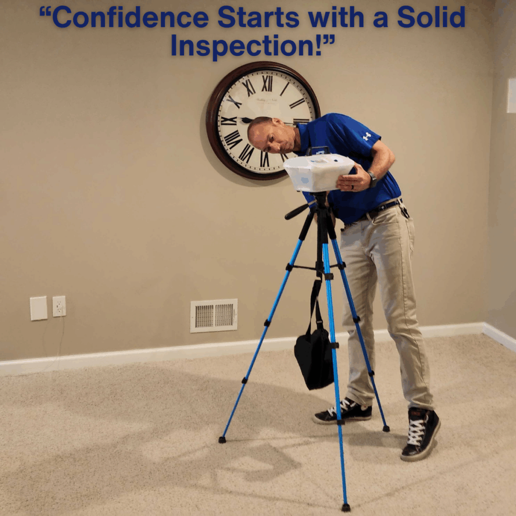 Radon testing technician adjusting equipment during home inspection, emphasizing the importance of safety and indoor air quality.
