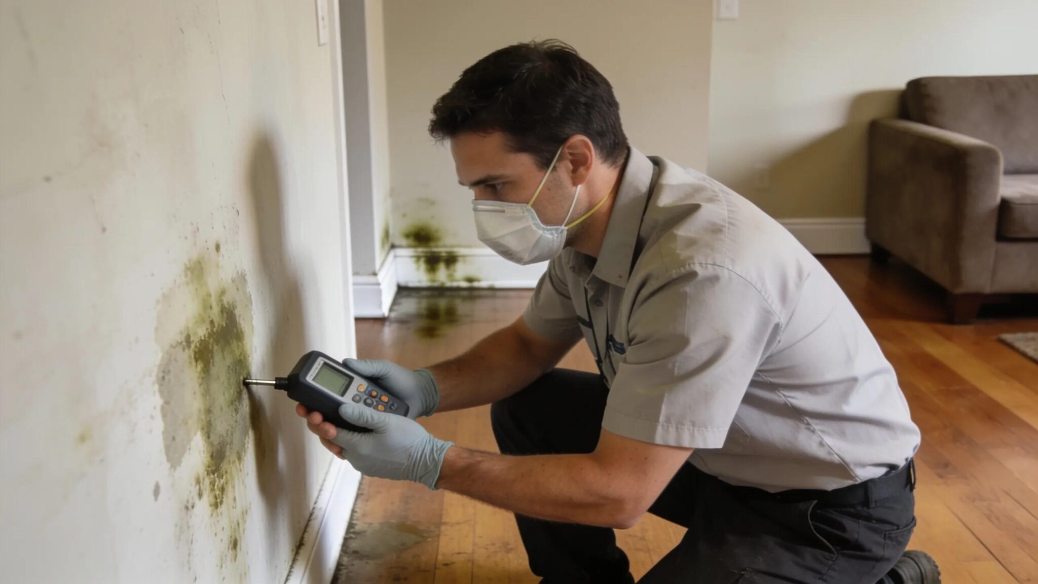Professional mold inspection in Southeast Michigan with an inspector assessing potential mold in a home