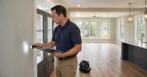 Home inspector examining new construction details and checklist in Troy, MI.