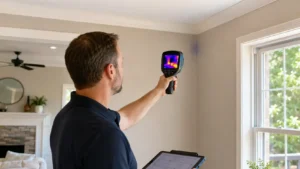 Home inspector using a thermal imaging camera to scan a wall and ceiling for hidden moisture and insulation problems.