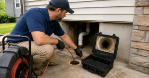 Inspector reviewing sewer scope camera footage during a Southeast Michigan home inspection