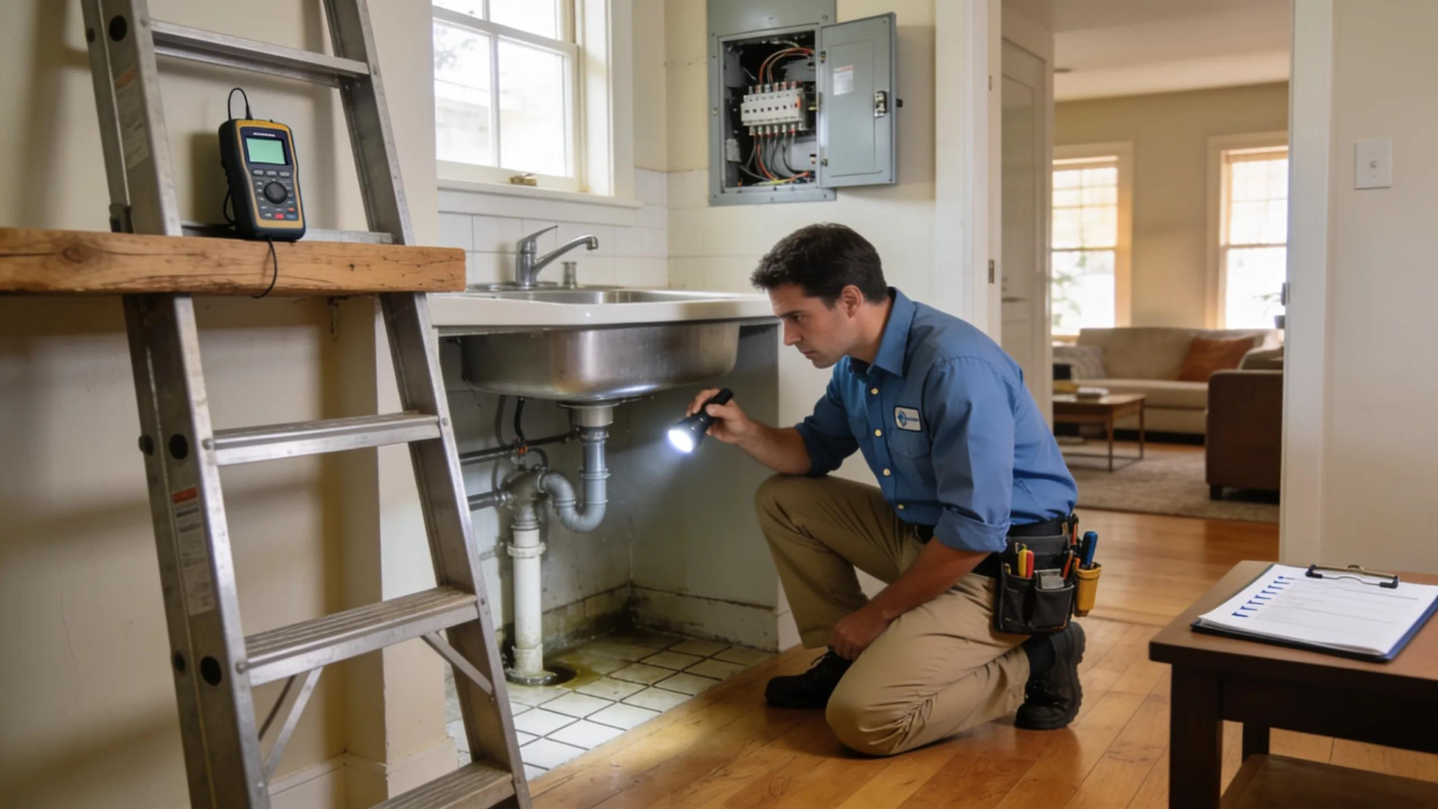 Home inspector assessing a property — professional, thorough inspection