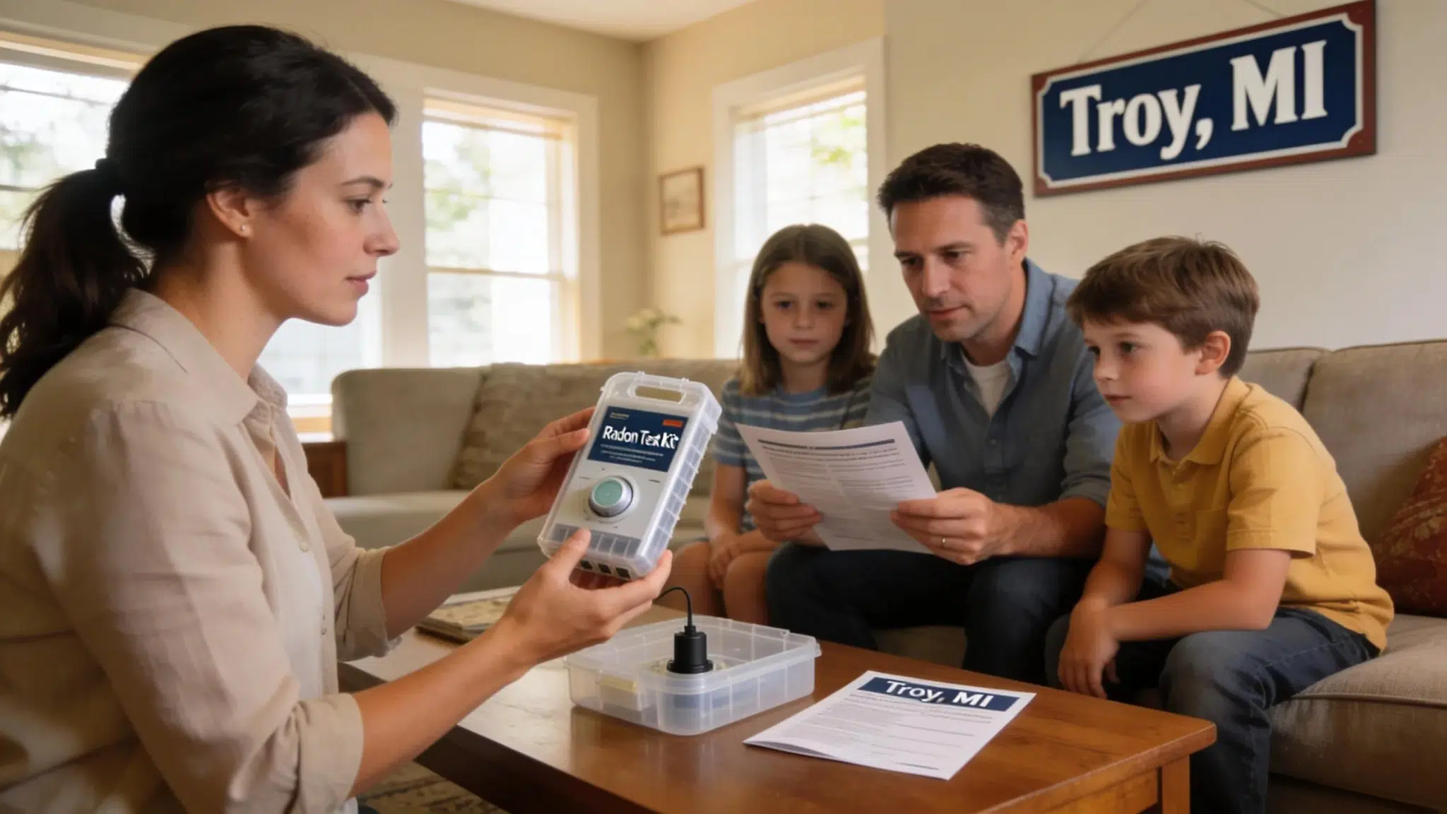 Family using a radon test kit to check indoor air in a Troy, MI home