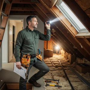 Home inspector examining an attic in Birmingham, showcasing professional home inspection services