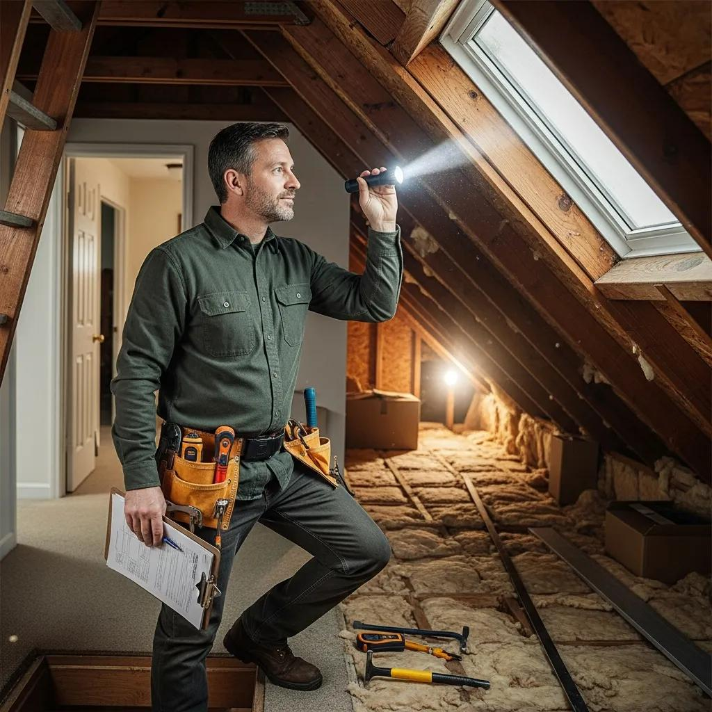 Home inspector examining an attic in Birmingham, showcasing professional home inspection services